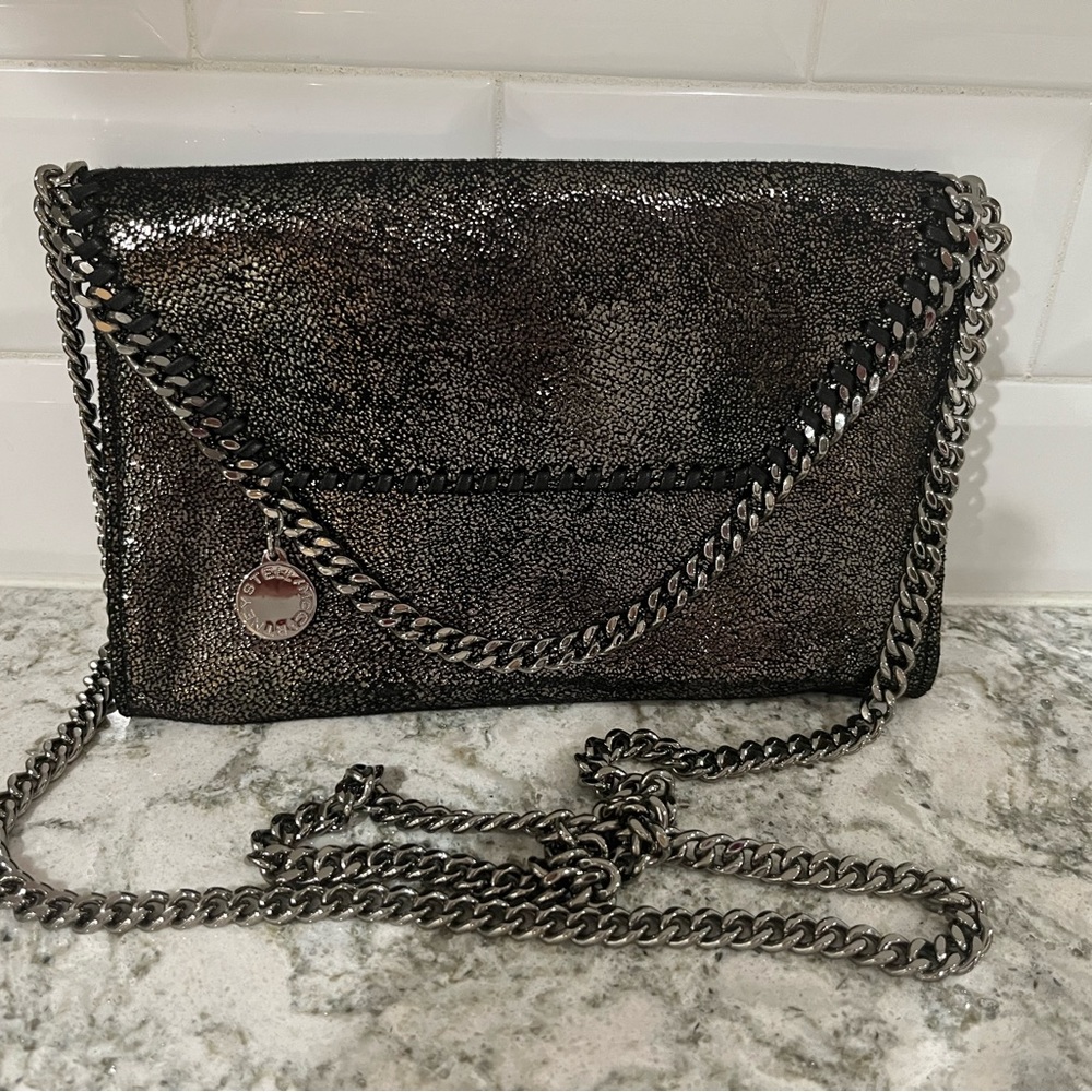 Stella McCartney mini Falabella crossbody or clutch shiny black and silver bag